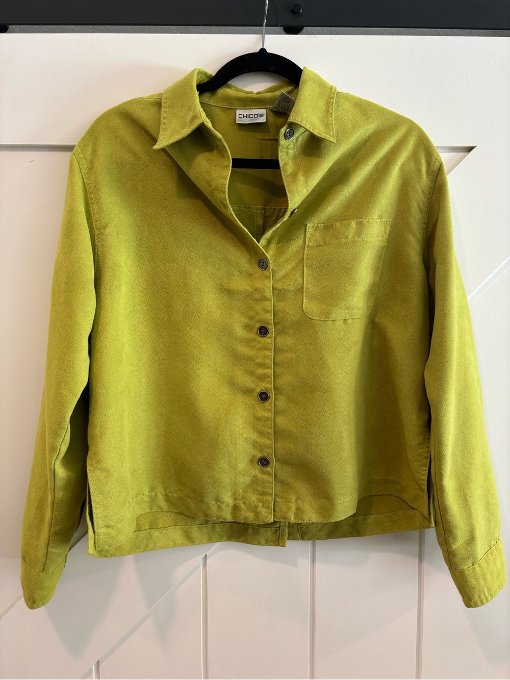 VTG Chico's Faux Suede Shirt Chartreuse Green Button Up Blouse Size 1 M/L